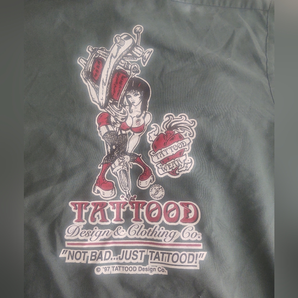 Vintage Green Button-Down Shirt with Red and White Tattoo Graphic